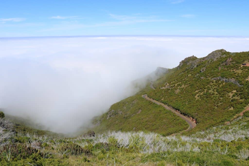 A road in the mountains, with white clouds and clear blue sky