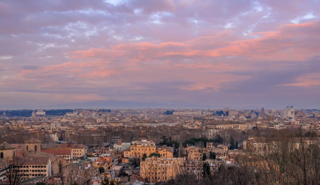 View over a suburb of the city with pink clouds in the sunset