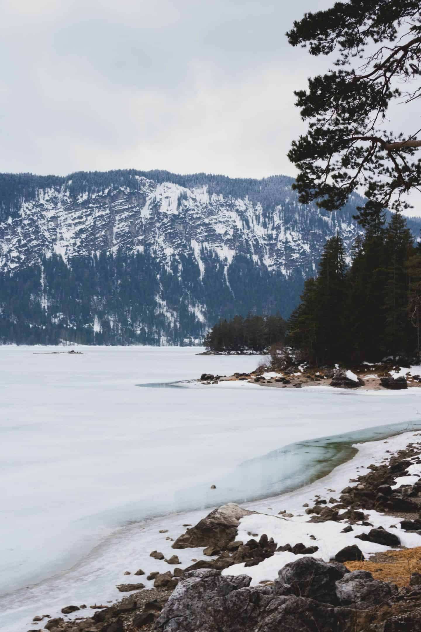 Frozen lake, a snowy mountain and pine trees